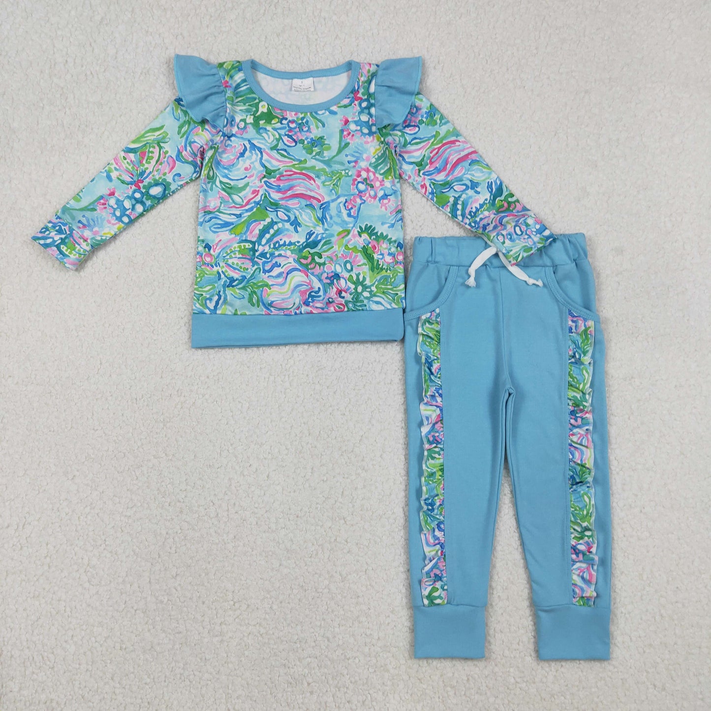 12.4 RTS NO MOQ （In stock）GLP2832 Baby Girls Blue Watercolor Floral Top Pockets Ruffle Jogger Pants Clothes Sets