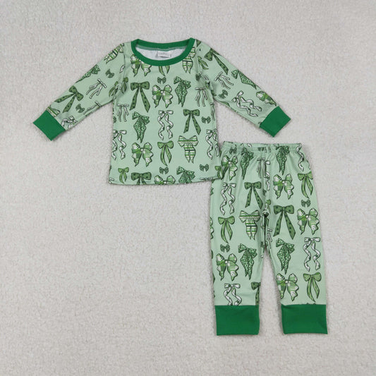 9.29 RTS NO MOQ （In stock） 6-12m-7-8t GLP2840 Baby Girls Winter Outfits Baby Girls Green Clovers Leopard Bows Top Pants St Patrick Pajamas Sets