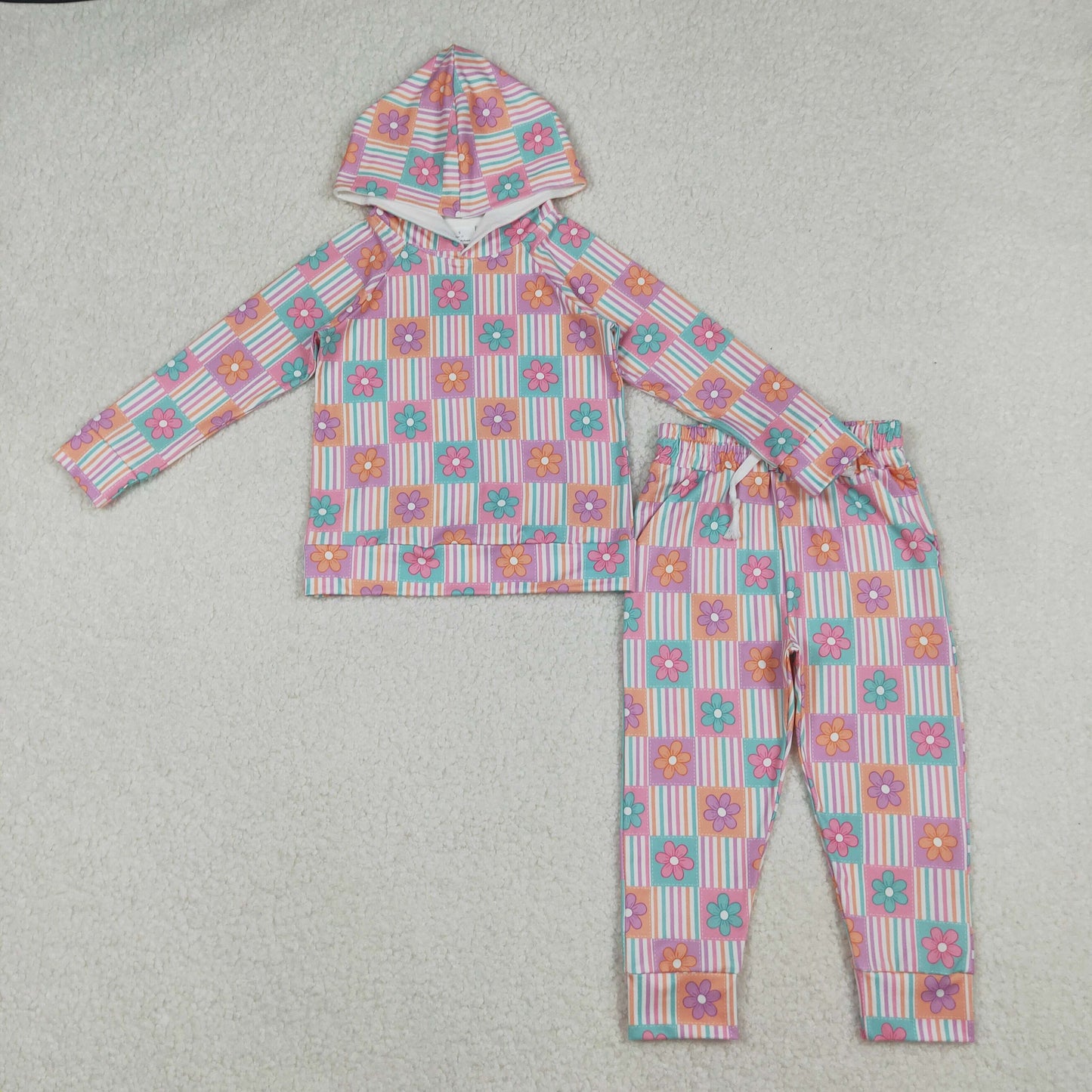 10.14 RTS NO MOQ （In stock）GLP2853 Baby Girls Flowers Checked Hoodies Pockets Legging Pants Clothes Sets