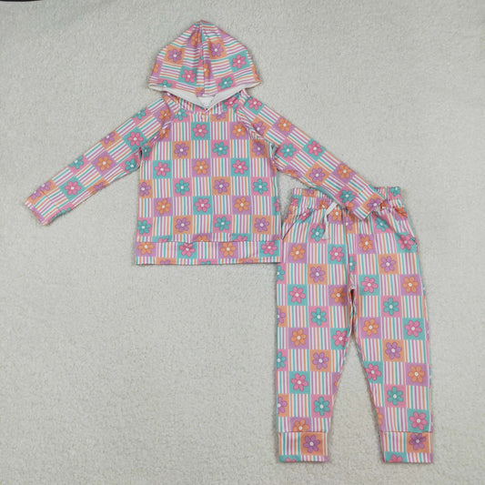 10.14 RTS NO MOQ （In stock）GLP2853 Baby Girls Flowers Checked Hoodies Pockets Legging Pants Clothes Sets