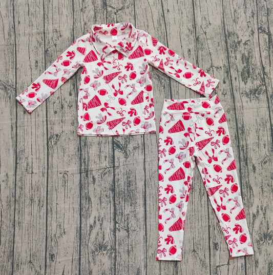 10.1 GLP2860 Sample No Moq Yoga fabric Baby Girls Red Bows Footballs Go Teams Pullovers Leggings Yoga Clothes Set