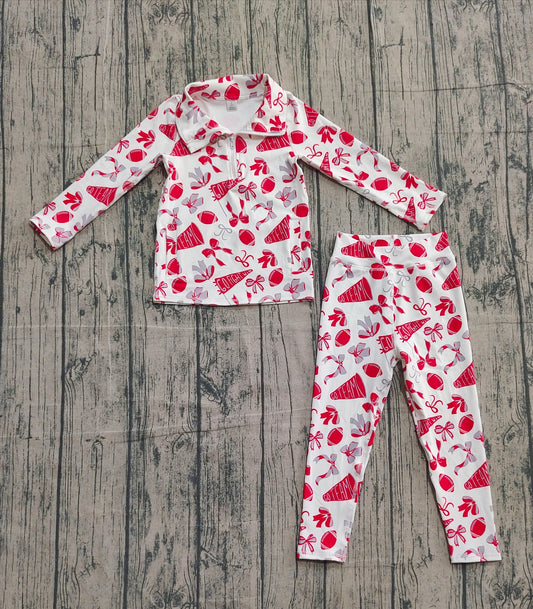 10.2 GLP2860 Sample No Moq Yoga fabric Baby Girls Red Bows Footballs Go Teams Pullovers Leggings Yoga Clothes Set