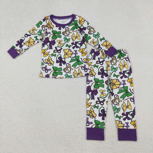 10.10 RTS NO MOQ （In stock）GLP2872 Baby Girls Winter Outfits Baby Girls Mardigras Bows Masks Top Pants Pajamas Sets