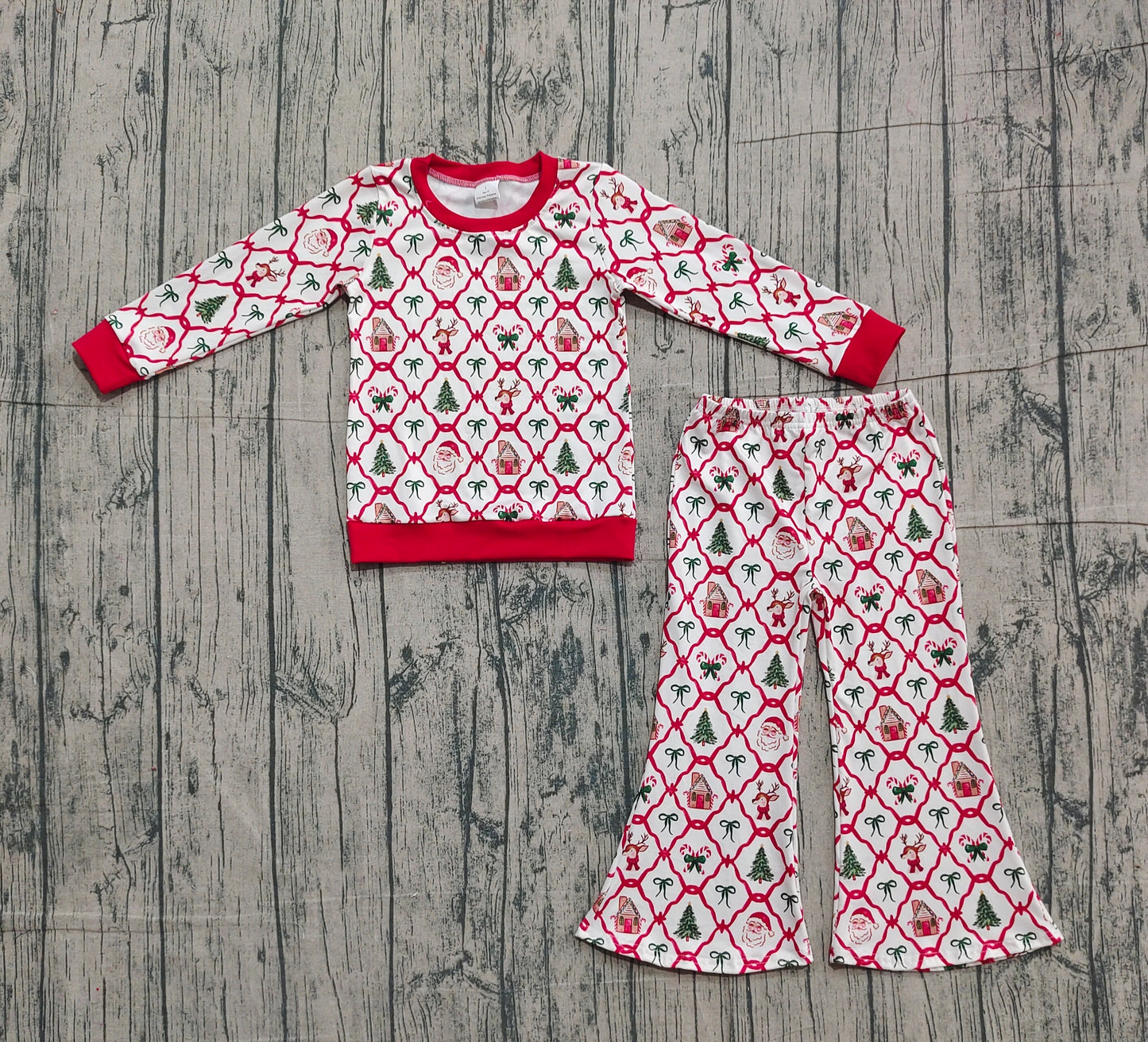 10.29 GLP2878 Sample No Moq Baby Girls Red Bows Santa Top Bell Bottom Pants Christmas Clothes Sets