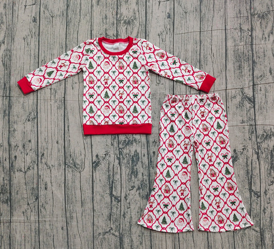 10.29 GLP2878 Sample No Moq Baby Girls Red Bows Santa Top Bell Bottom Pants Christmas Clothes Sets
