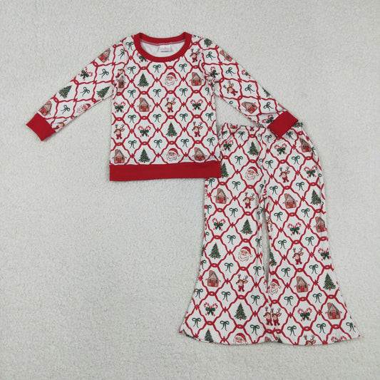 11.13 RTS NO MOQ （In stock）GLP2878 Baby Girls Red Bows Santa Checked Top Flare Pants Christmas Clothes Sets