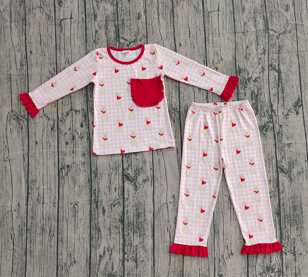 10.3 GLP2880 XS-3XL Sample No Moq Baby Girls Pink Checked Dogs Hearts Pockets Ruffle Pants Valentine Pajamas Sets
