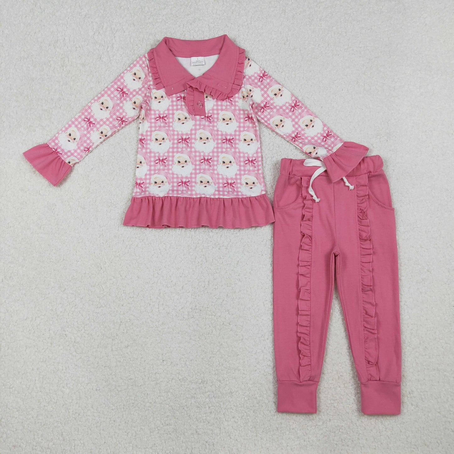 10.16 RTS NO MOQ （In stock）GLP2881 Baby Girls Pink Checked Santa Button Top Pockets Pants Christmas Clothes Sets