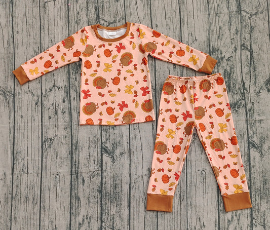 9.27 GLP2883 XS-3XL Sample No Moq Baby Girls Bows Turkey Pumpkins Top Pant Thanksgiving Pajamas Sets