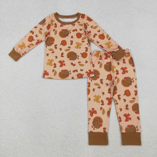 10.11 RTS NO MOQ （In stock）GLP2883 Baby Girls Turkey Pumpkins Top Pant Thanksgiving Pajamas Sets