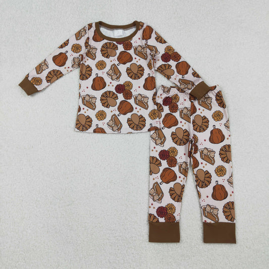 10.18 RTS NO MOQ （In stock）GLP2884 Baby Girls Pie Turkey Pumpkins Pant Thanksgiving Pajamas Sets