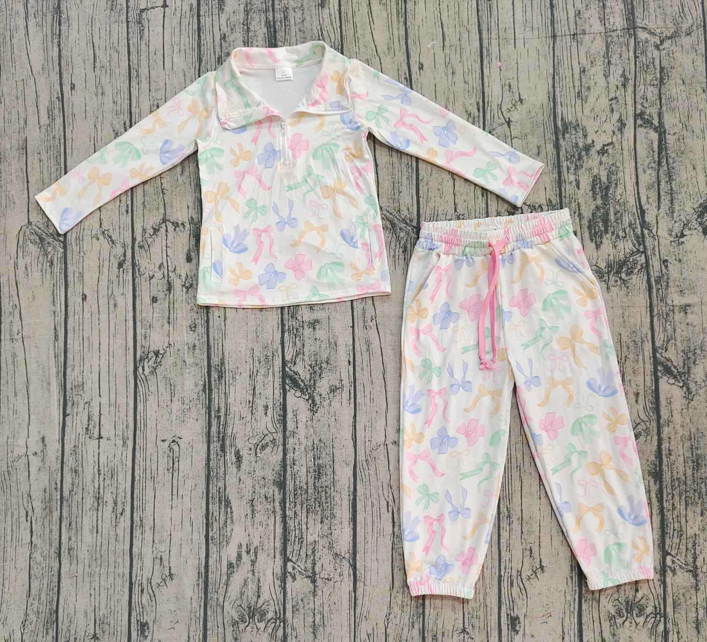 9.26 GLP2886 Sample No Moq Baby Girls Colorful Bows Pockets Zipper Pullover Jogger Clothes Sets