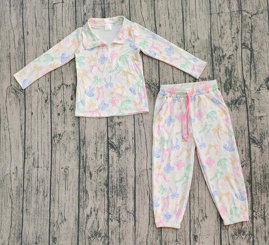 9.26 GLP2886 Sample No Moq Baby Girls Colorful Bows Pockets Zipper Pullover Jogger Clothes Sets