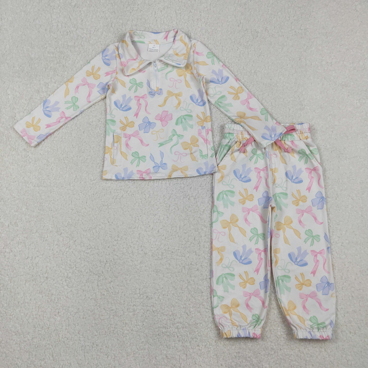10.29 RTS NO MOQ （In stock）GLP2886 Baby Girls Colorful Bows Pockets Zipper Pullover Jogger Pants Clothes Sets