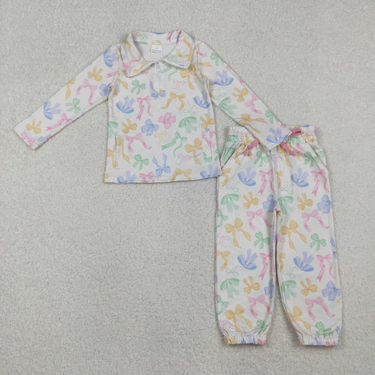 10.29 RTS NO MOQ （In stock）GLP2886 Baby Girls Colorful Bows Pockets Zipper Pullover Jogger Pants Clothes Sets