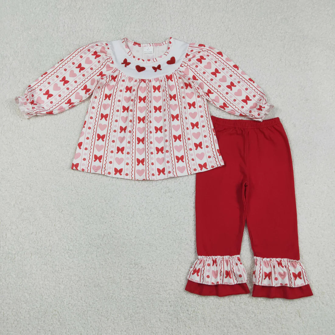 1.6 RTS Sibling Baby Girls Embroidery Bows Hearts Tunic Ruffle Pants Valentines Clothes Sets