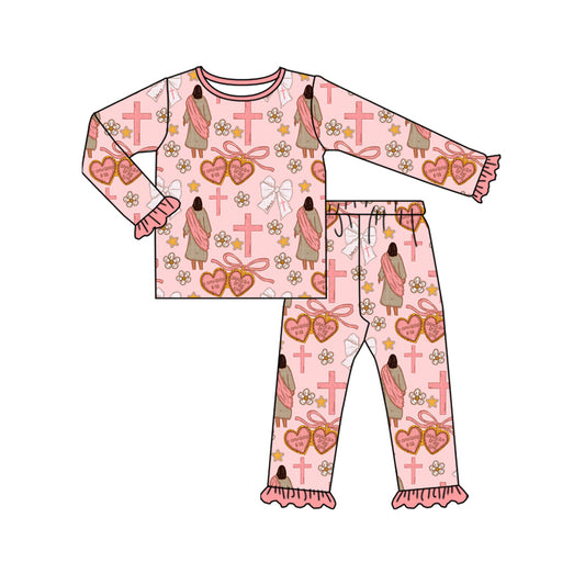 9.20 GLP2889 Baby Girls Pink Nativity Crosses Top Ruffle Pants Christmas Pajamas Sets Preorder