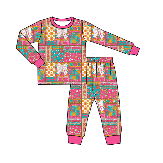 9.20 GLP2890 Baby Girls Pink Bows Flowers Checked Top Ruffle Pants Pajamas Sets Preorder