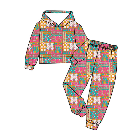 9.20 GLP2891 Baby Girls Pink Bows Flowers Checked Hoodies Pockets Jogger Clothes Sets Preorder