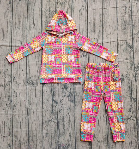 11.5 GLP2891 Sample No Moq Baby Girls Pink Bows Flowers Checked Hoodies Pockets Jogger Clothes Sets