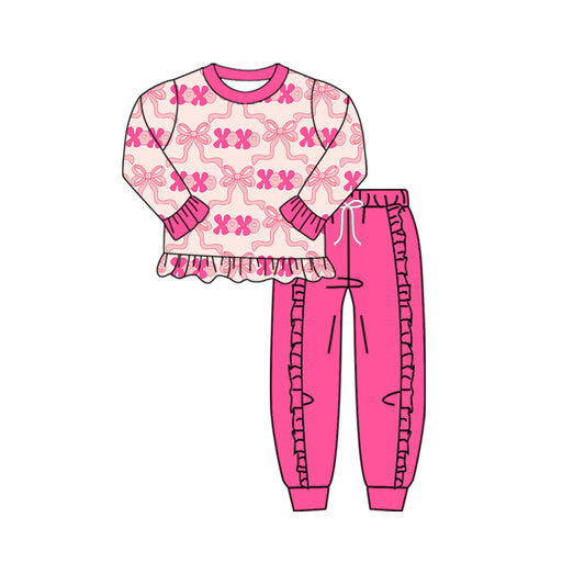 9.20 GLP2892 Baby Girls Pink Bows XOXO Ruffle Top Jogger Pants Valentine Clothes Sets Preorder