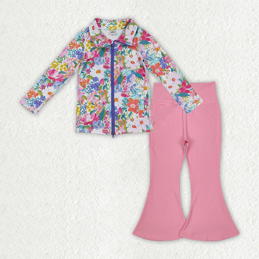 9.20 GLP2893 Baby Girls Floral Pockets Zipper Jackets Bell Bottom Pants Yoga Active Clothes Sets