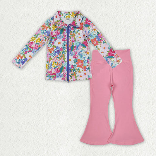 9.20 GLP2893 Baby Girls Floral Pockets Zipper Jackets Bell Bottom Pants Yoga Active Clothes Sets