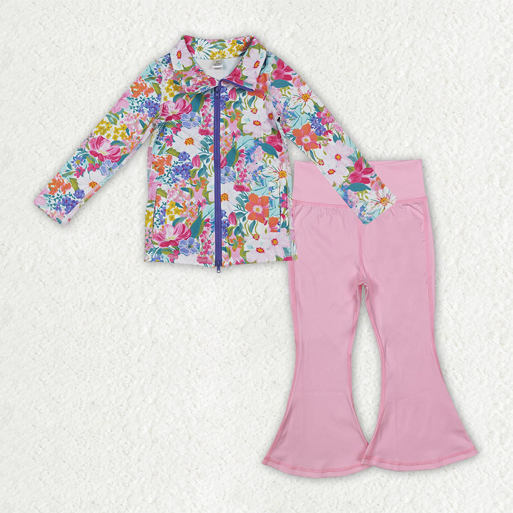 9.20 GLP2894 Baby Girls Floral Pockets Zipper Jackets Bell Bottom Pants Yoga Active Clothes Sets