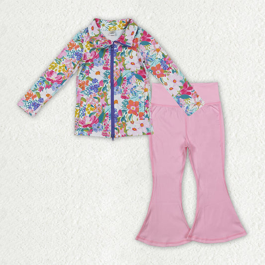 9.20 GLP2894 Baby Girls Floral Pockets Zipper Jackets Bell Bottom Pants Yoga Active Clothes Sets