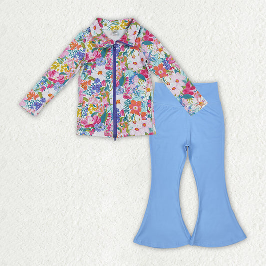 9.20 GLP2895 Baby Girls Floral Pockets Zipper Jackets Bell Bottom Pants Yoga Active Clothes Sets