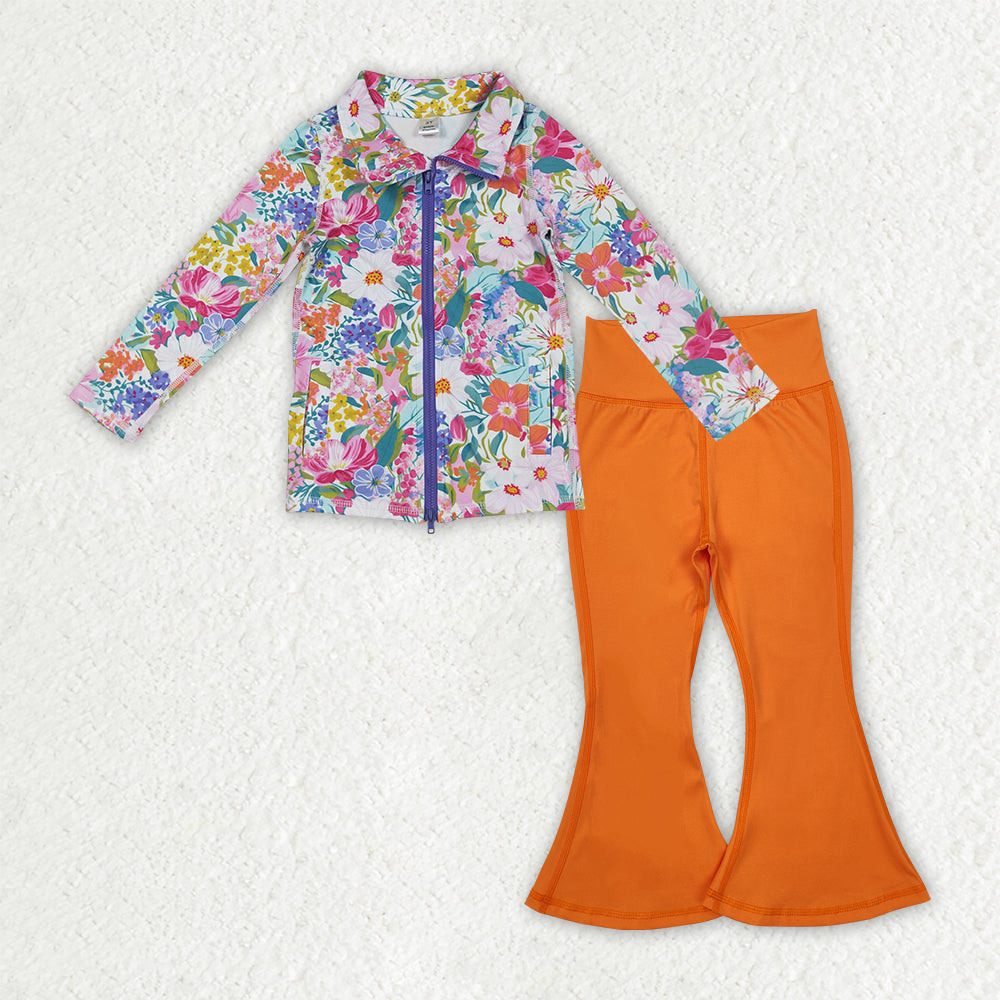 9.20 GLP2896 Baby Girls Floral Pockets Zipper Jackets Bell Bottom Pants Yoga Active Clothes Sets