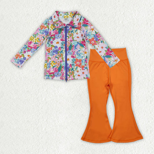 9.20 GLP2896 Baby Girls Floral Pockets Zipper Jackets Bell Bottom Pants Yoga Active Clothes Sets