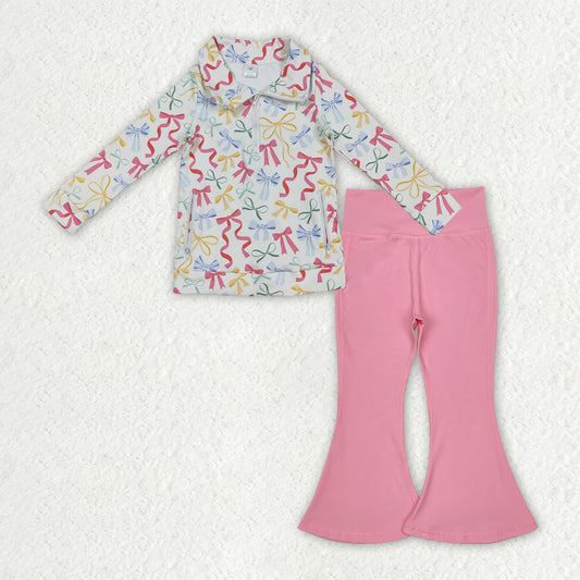 9.22 GLP2896 Baby Girls Pink Yellow Bows Zipper Pullover Bell Bottom Pants Yoga Active Clothes Sets