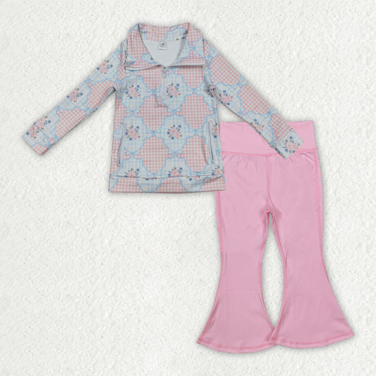 9.22 GLP2898 Baby Girls Pink Flowers Checked Zipper Pullover Bell Bottom Pants Yoga Active Clothes Sets