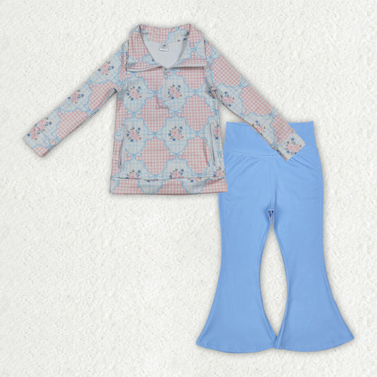 9.22 GLP2899 Baby Girls Flowers Checked Zipper Pullover Blue Bell Bottom Pants Yoga Active