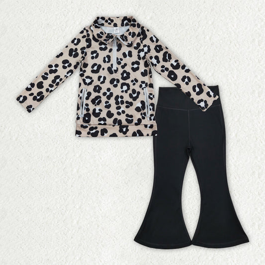 9.22 GLP2900 Baby Girls Black Leopard Pockets Zipper Jackets Bell Bottom Pants Yoga Active Clothes Sets