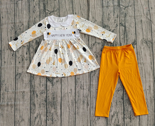 10.10 GLP2901 Sample No Moq Embroidery Happy New Baby Girls Year Balloons Tunic Leggings Clothes Sets