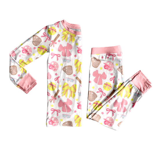9.23 GLP2905 Baby Girls Pink Yellow Bows Baseballs Top Pants Team Pajamas Sets Preorder