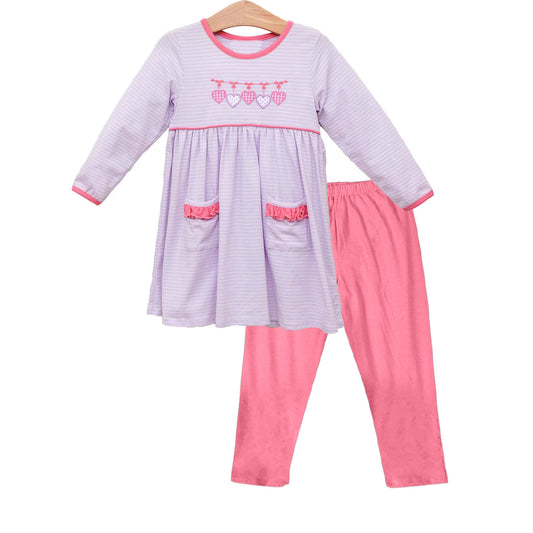 9.23 GLP2906 Baby Girls Hearts Lavender Stripe Pockets Tunic Leggings Valentine Clothes Sets Preorder