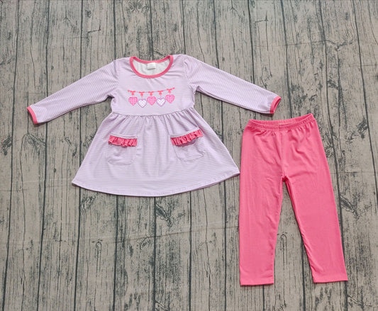 10.1 GLP2906 Sample No Moq Embroidery Hearts Baby Girls Stripe Pockets Tunic Leggings Valentine Clothes Sets