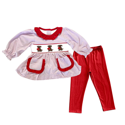 9.23 GLP2907 Baby Girls Heart Dogs Pockets Red Stripe Tunic Leggings Valentine Clothes Sets Preorder
