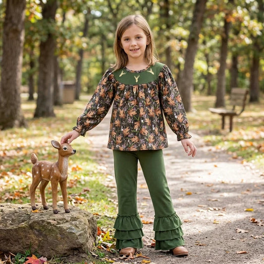 RTS NO MOQ （In stock）GLP2908 milk silk Embroidery Deer Baby Girls Green Leaves Camo Tunic Ruffle Pants Hunting Clothes Set