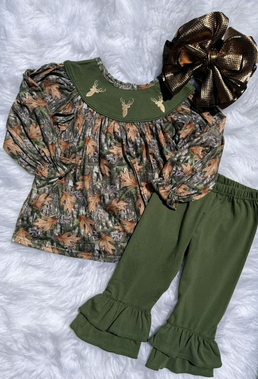 9.24 GLP2908 Pre order No Moq Baby Girls Green Leaves Camo Deer Tunic Ruffle Pants Western Clothes