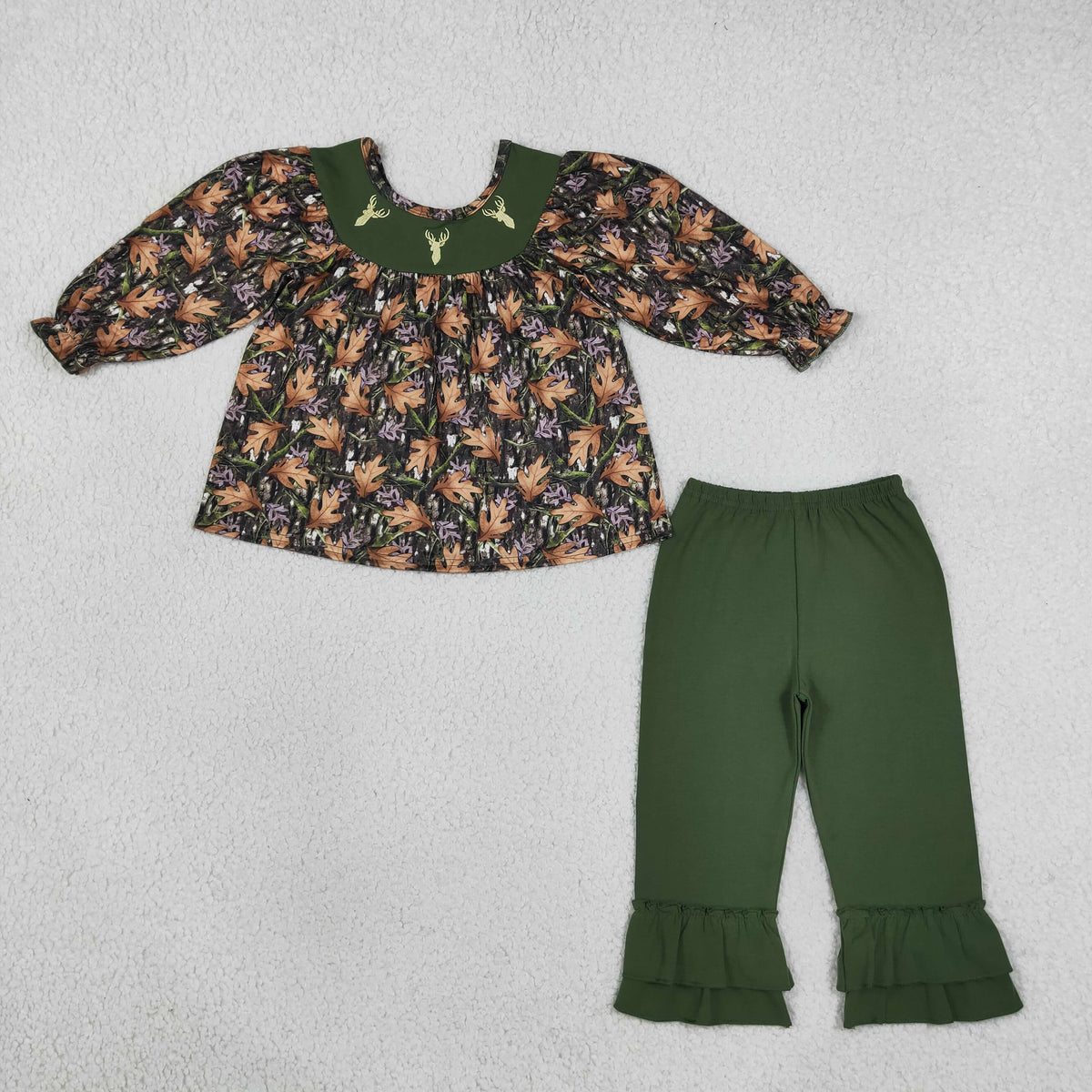 RTS NO MOQ （In stock）GLP2908 milk silk Embroidery Deer Baby Girls Green Leaves Camo Tunic Ruffle Pants Hunting Clothes Set