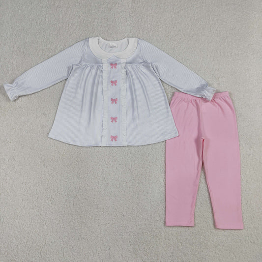 4.9 GLP2909 RTS NO MOQ （In stock ）blue stripe pink bows print pink pants girls outfits