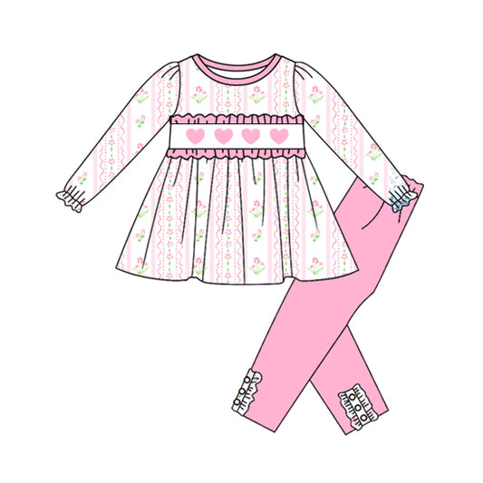 9.24 GLP2910 Pre order No Moq Baby Girls Hearts Flowers Stripe Tunic Leggings Valentine Clothes Sets