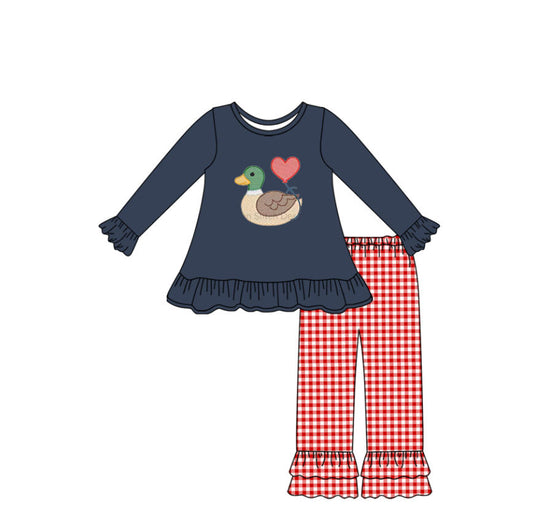 9.24 GLP2911 Pre order No Moq Baby Girls Hearts Excavator Tunic Stripe Ruffle Pants Valentine Clothes Sets
