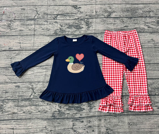 10.4 GLP2912 Sample No Moq Embroidery Hearts Ducks Baby Girls Tunic Ruffle Checked Pants Clothes Sets