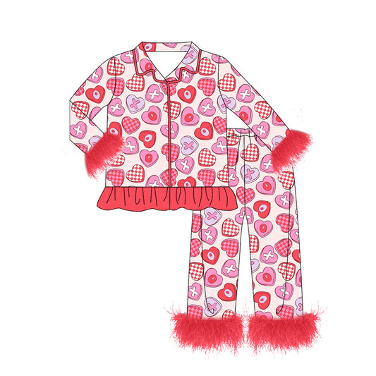 9.24 GLP2915 Pre order No Moq Baby Girls XOXO Hearts Button Top Pants Valentine Fur Pajamas Sets