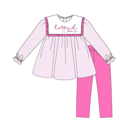9.25 GLP2916 Pre order No Moq Baby Girls Pink Stripe Love John 3:16 Tunic Leggings Valentine Clothes Sets